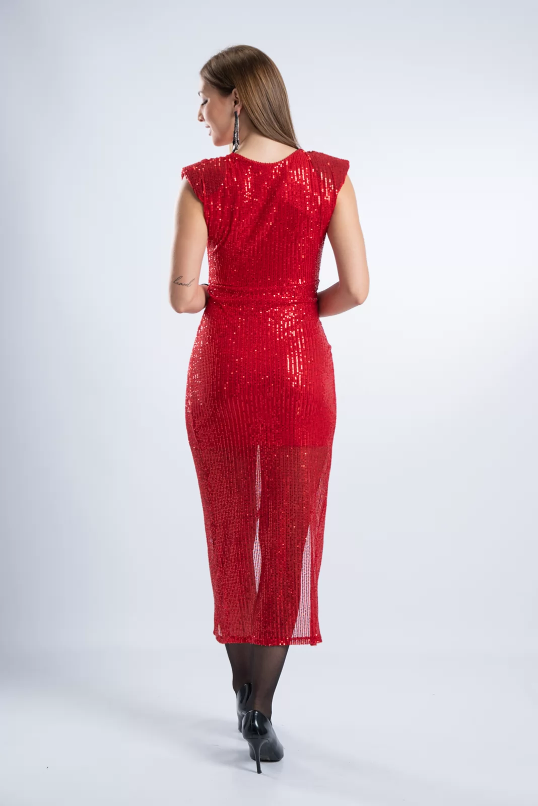 Φόρεμα Παγιέτες Αμάνικο Σούρα Κόκκινο