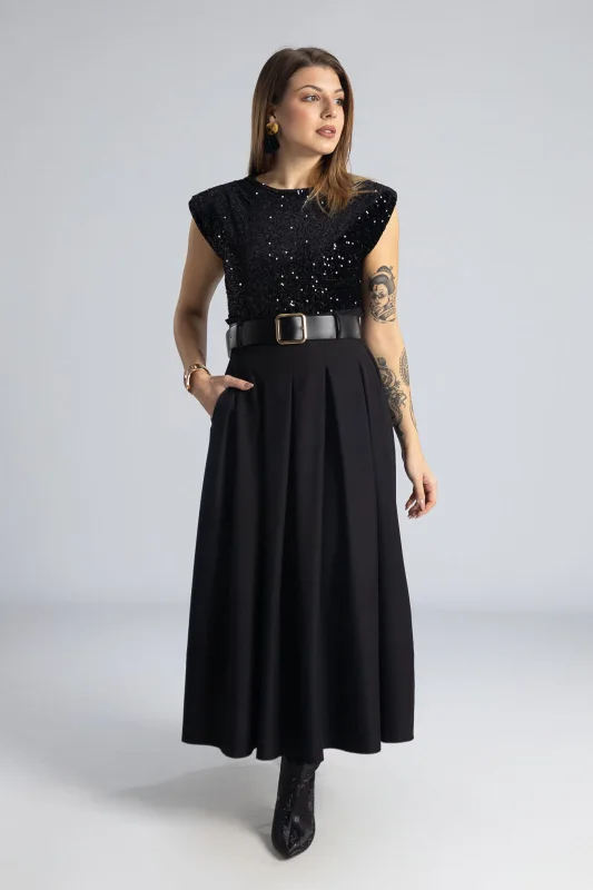 Φόρεμα Αμάνικο Παγιέτα Φούστα Πιέτες