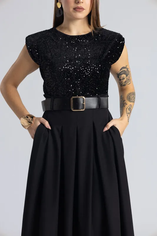 Φόρεμα Αμάνικο Παγιέτα Φούστα Πιέτες