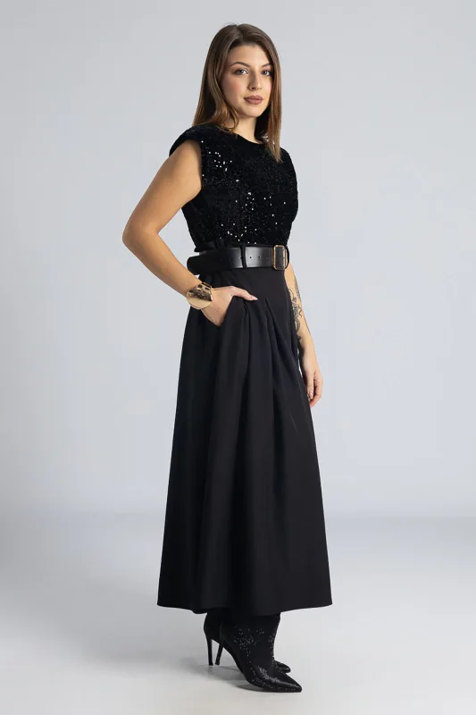 Φόρεμα Αμάνικο Παγιέτα Φούστα Πιέτες