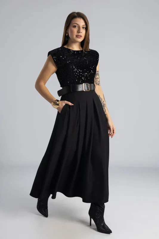 Φόρεμα Αμάνικο Παγιέτα Φούστα Πιέτες