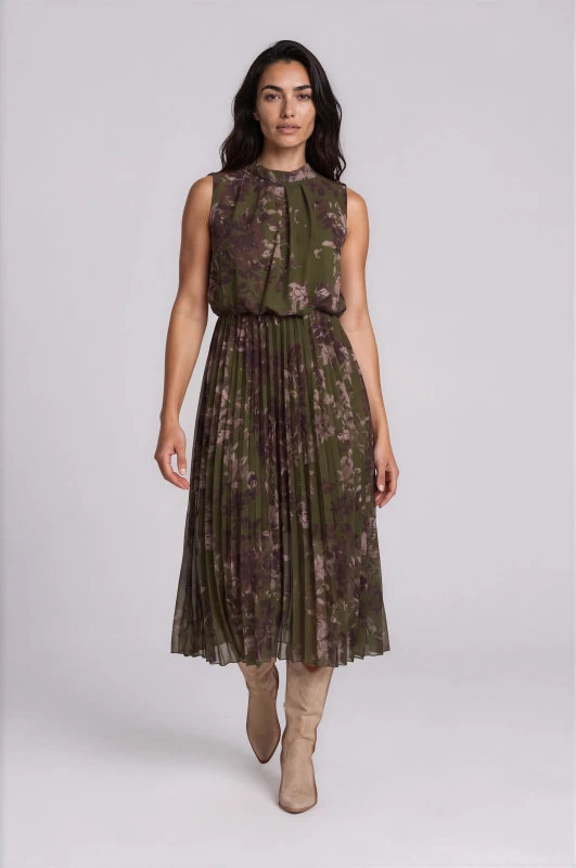 Dress Floral Sleeveless Pleated 