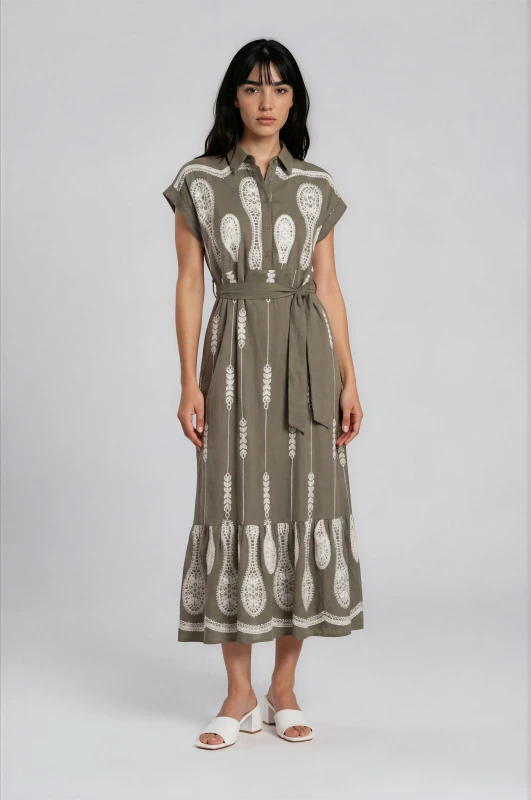 Dress Emboindered Design With Belt