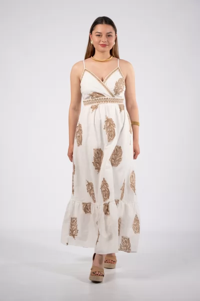 Φόρεμα Κέντημα Μόκα-Λευκό