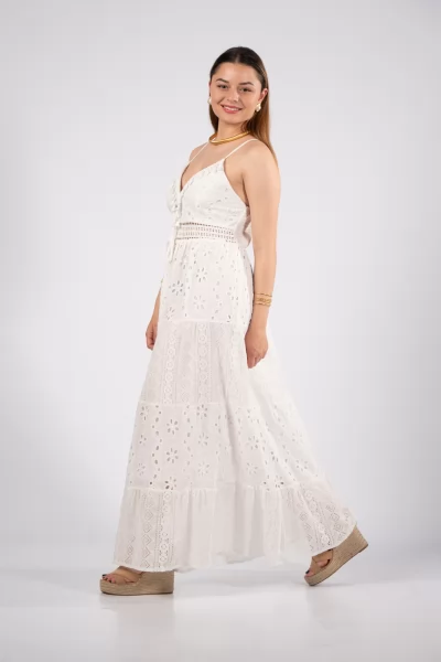 Φόρεμα Κιπούρ Τιράντα Λευκό