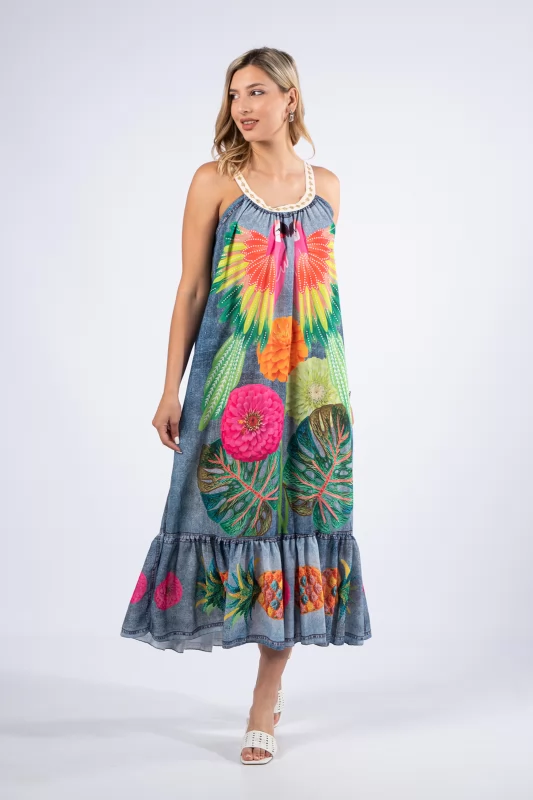 Dress Love Parrots Green-Denim