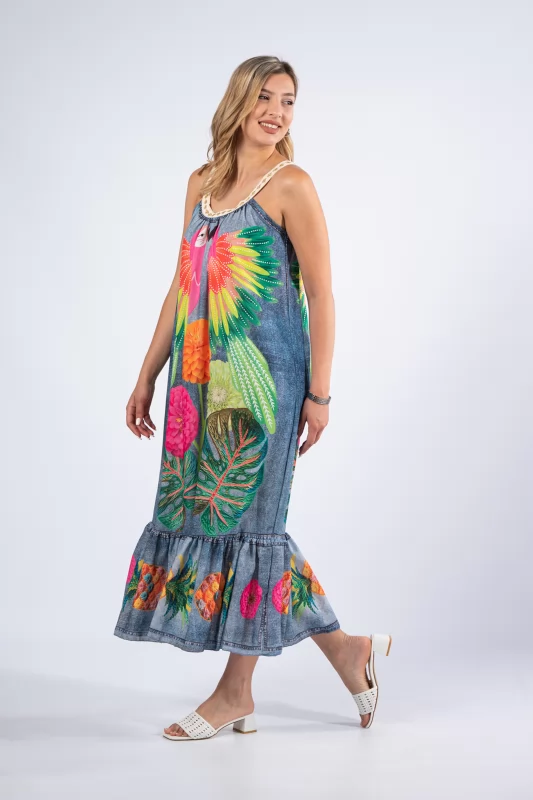 Dress Love Parrots Green-Denim