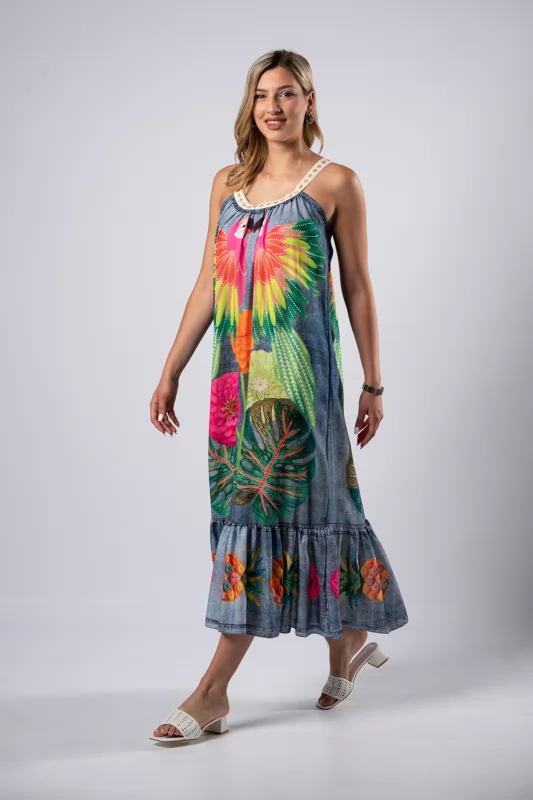 Dress Love Parrots Green-Denim