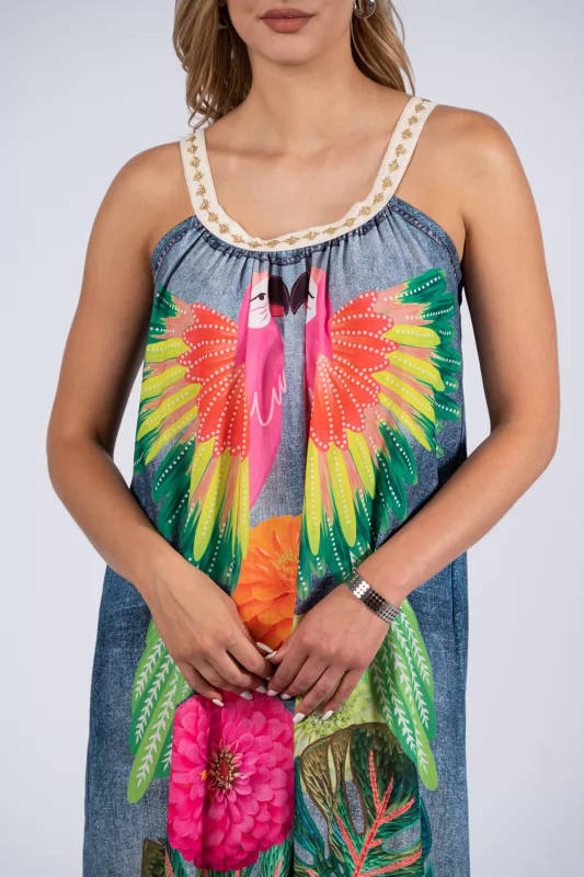 Dress Love Parrots Green-Denim