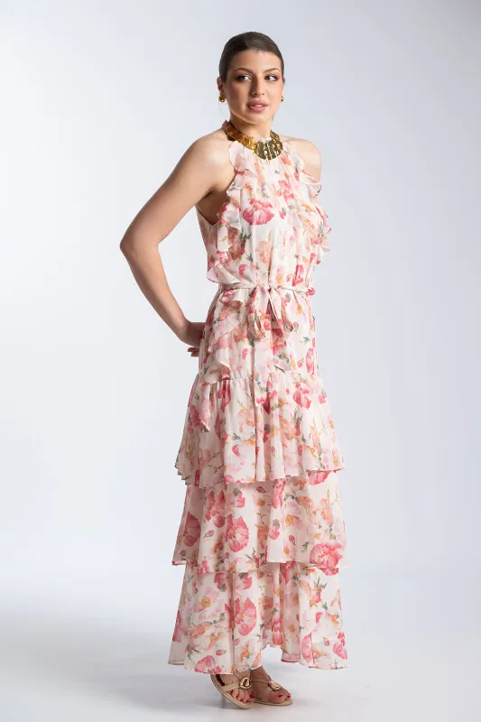 Φόρεμα Maxi Floral Αμάνικο Βολάν