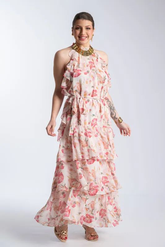 Φόρεμα Maxi Floral Αμάνικο Βολάν