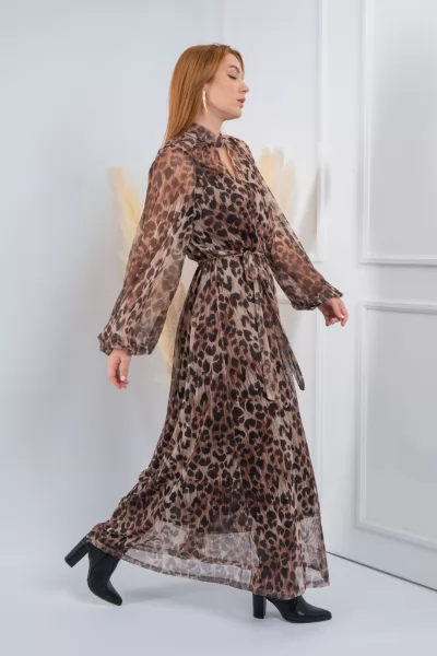 Φόρεμα Maxi Τούλι Leopar Καφέ