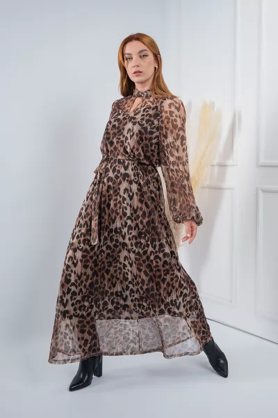 Φόρεμα Maxi Τούλι Leopar Καφέ