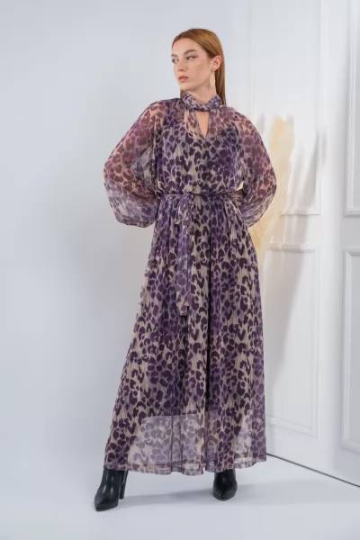 Φόρεμα Maxi Τούλι Leopar Μωβ