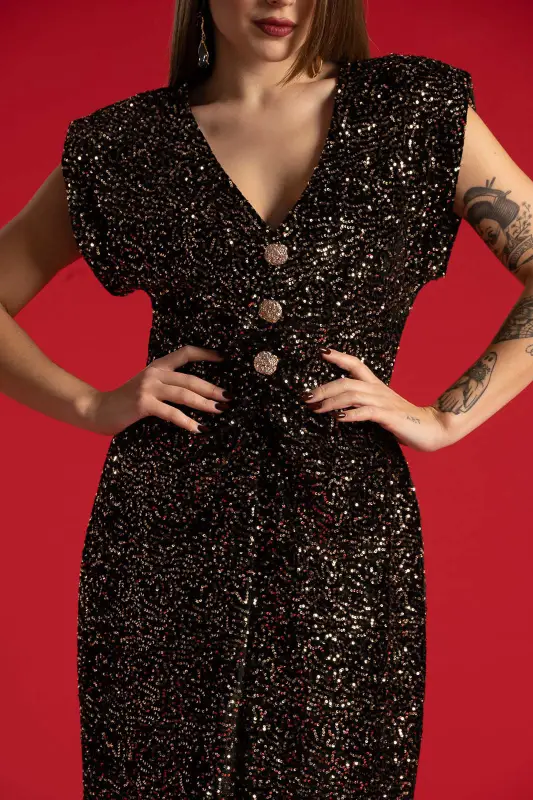 Dress Sleeveless Sequins Buttons