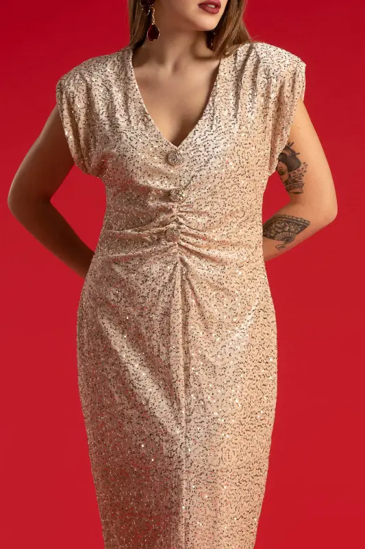 Dress Sleeveless Sequins Buttons