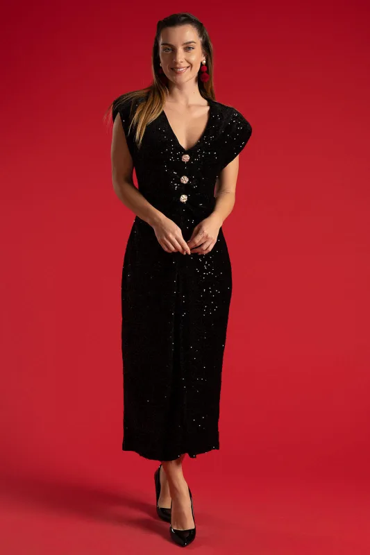 Φόρεμα Με Παγιέτες Αμάνικο Κουμπιά