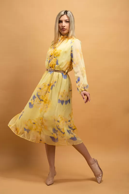 Φόρεμα Midi Floral Ζώνη
