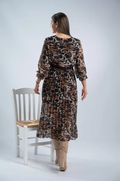 Φόρεμα Midi Πλισε Leopar Καφέ
