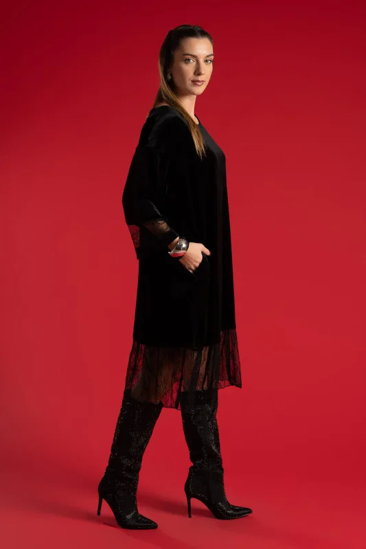 Φόρεμα Midi Velvet Δαντέλα Τελείωμα