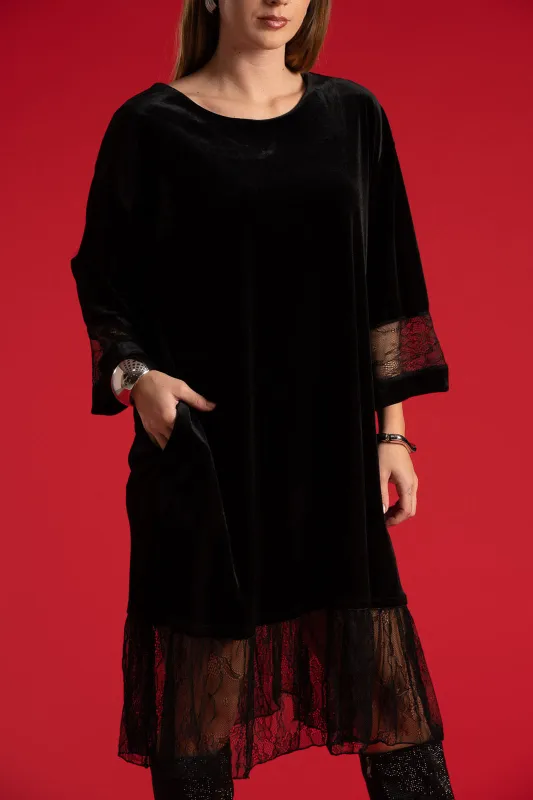 Φόρεμα Midi Velvet Δαντέλα Τελείωμα