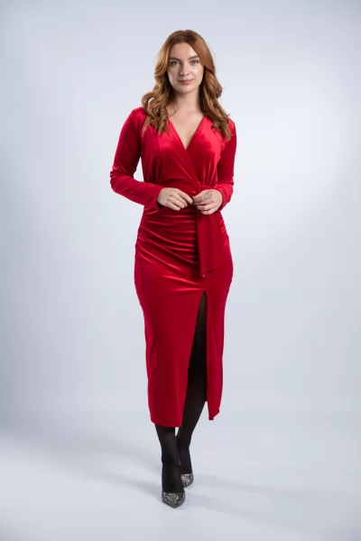 Φόρεμα Midi Velvet Σούρα Κόκκινο