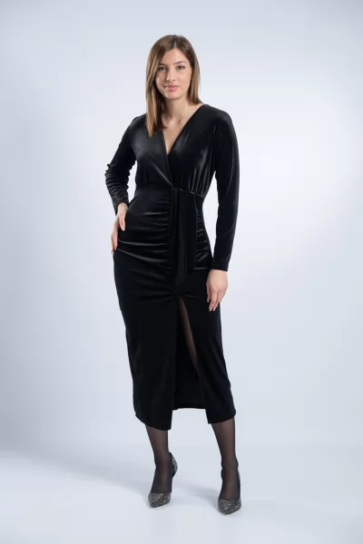 Φόρεμα Midi Velvet Σούρα Μαύρο