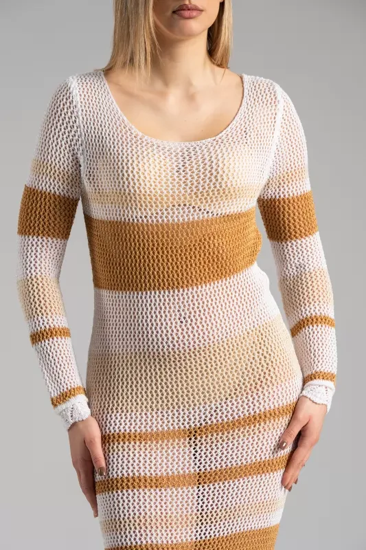 Dress Net Knitted  Stripes Caramel-White