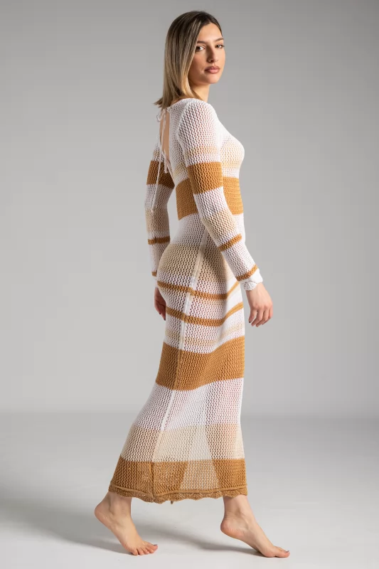 Dress Net Knitted  Stripes Caramel-White
