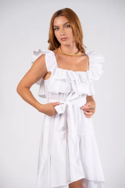 Φόρεμα Off-Shoulder Ασύμμετρο Λευκό