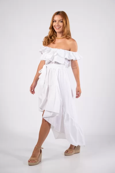 Φόρεμα Off-Shoulder Ασύμμετρο Λευκό