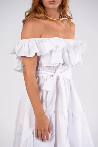 Φόρεμα Off-Shoulder Ασύμμετρο Λευκό