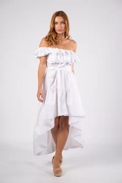 Φόρεμα Off-Shoulder Ασύμμετρο Λευκό