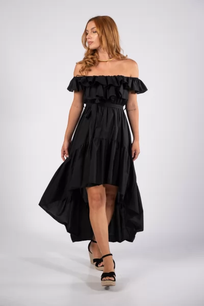 Φόρεμα Off-Shoulder Ασύμμετρο Μαύρο