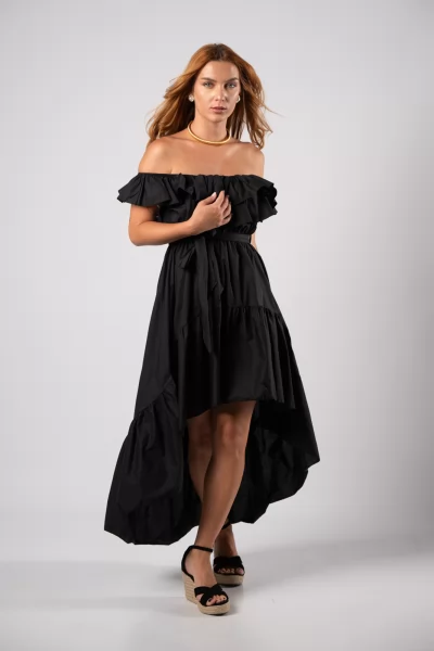 Φόρεμα Off-Shoulder Ασύμμετρο Μαύρο