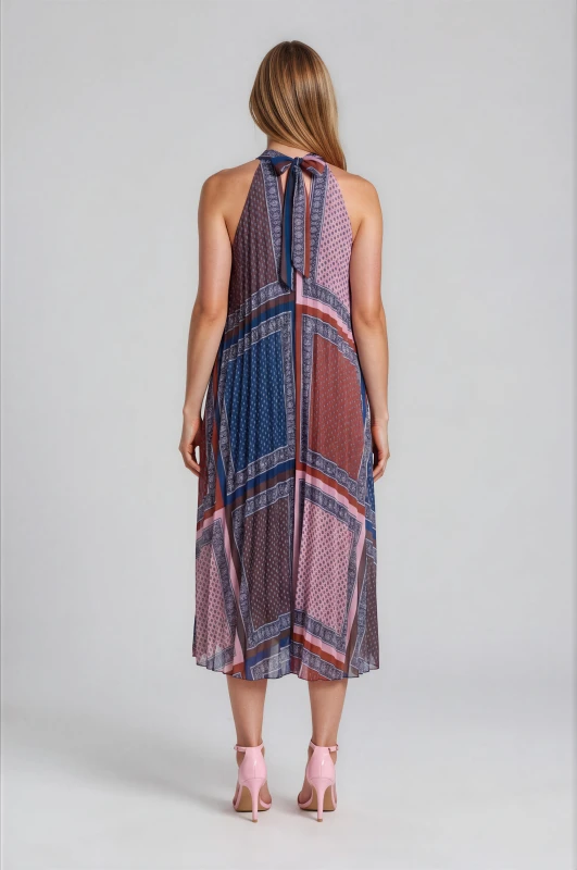 Dress Pleated Halter Neck Embroidered 