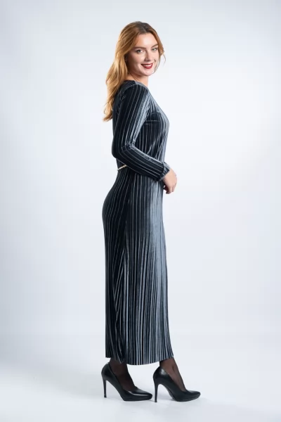 Φόρεμα Πλισέ Maxi Velvet Μολυβί