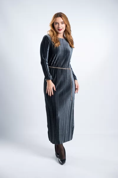 Φόρεμα Πλισέ Maxi Velvet Μολυβί