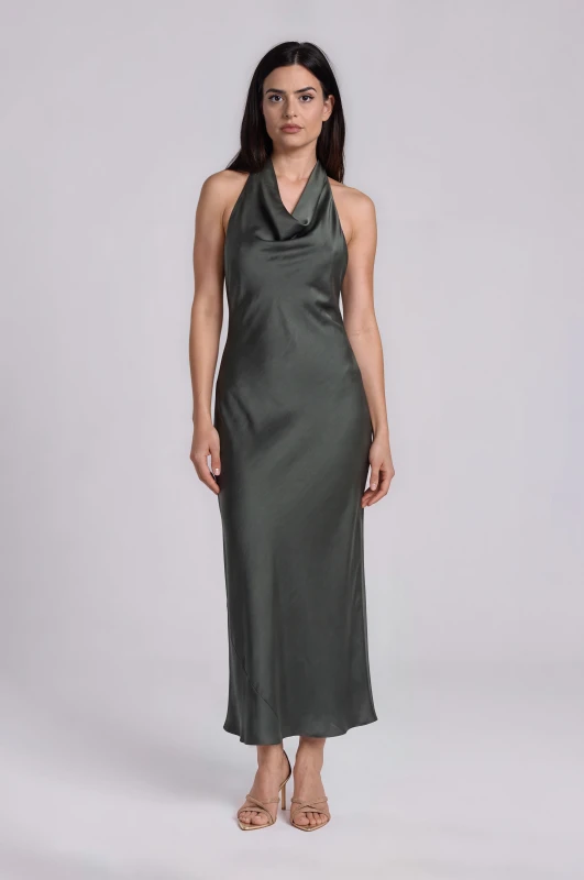 Dress Satin Halter-Neck Draped 