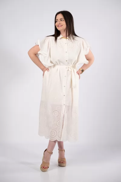 Φόρεμα Σεμιζιέ Κιπούρ Βολάν Λευκό