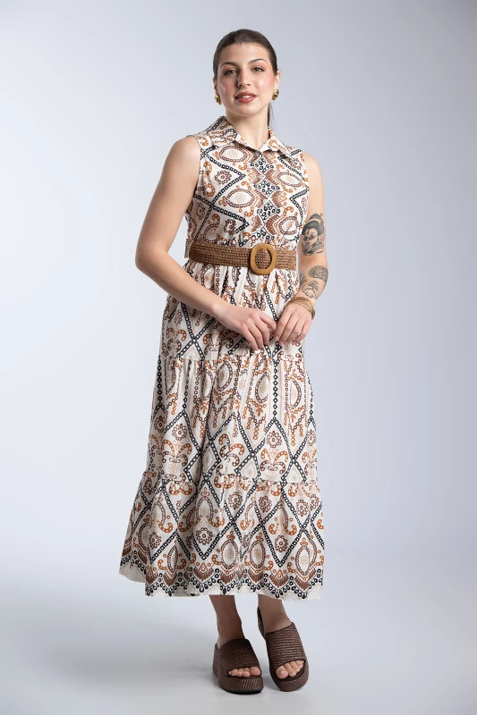 Φόρεμα Σεμιζιέ Patterned Με Ζώνη