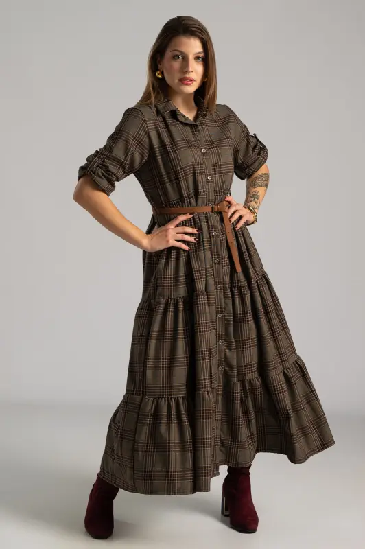 Φόρεμα Σεμιζιέ Plaid Ζώνη