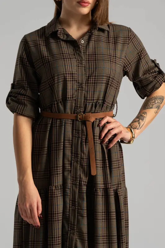 Φόρεμα Σεμιζιέ Plaid Ζώνη