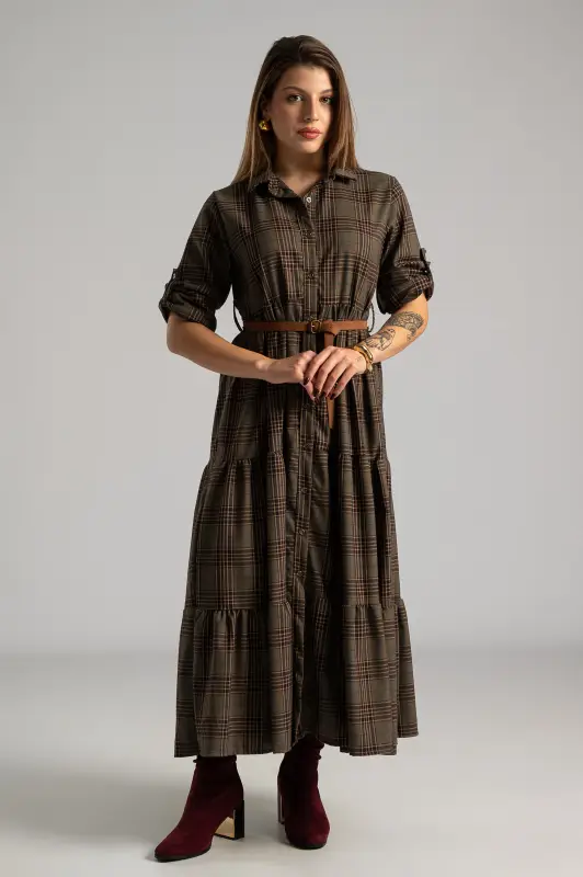 Φόρεμα Σεμιζιέ Plaid Ζώνη