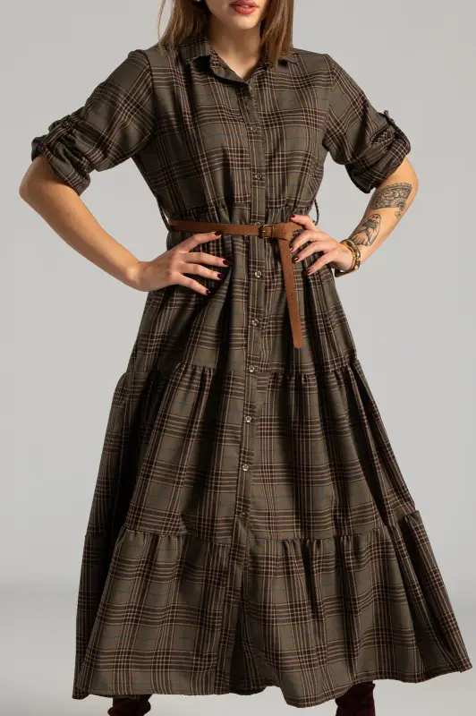 Φόρεμα Σεμιζιέ Plaid Ζώνη