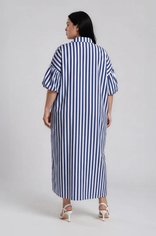 Semi-sheer Striped Balloon-Sleeve Dress