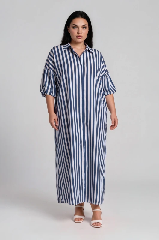 Semi-sheer Striped Balloon-Sleeve Dress