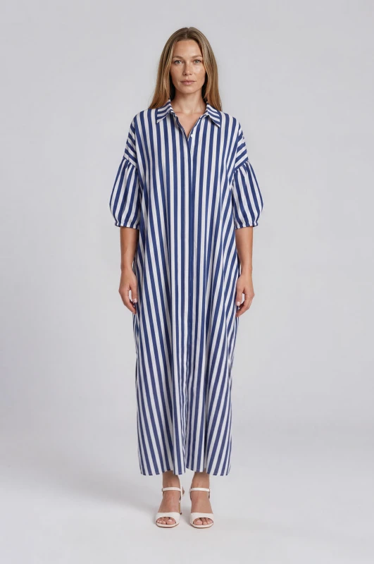 Semi-sheer Striped Balloon-Sleeve Dress