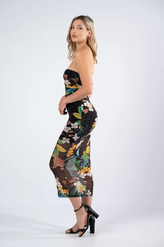Φόρεμα Strapless Floral Μαύρο