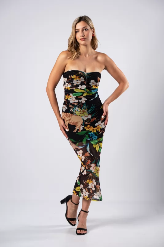 Φόρεμα Strapless Floral Μαύρο